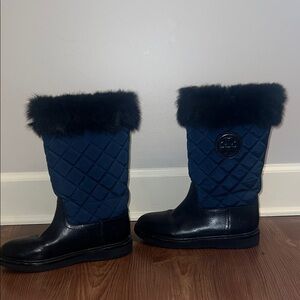 Tory Burch Navy Quilted Fur-Trim Mid-Calf Boots
